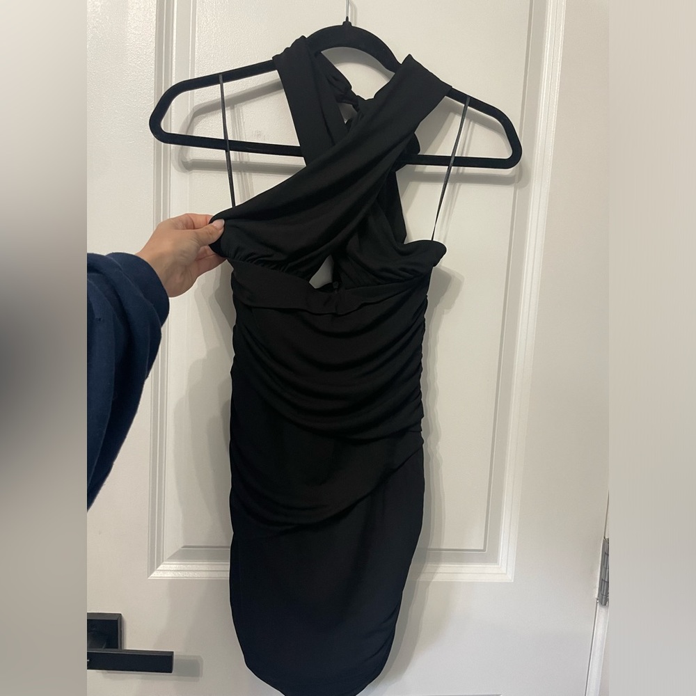 Black cross neck halter mini dress